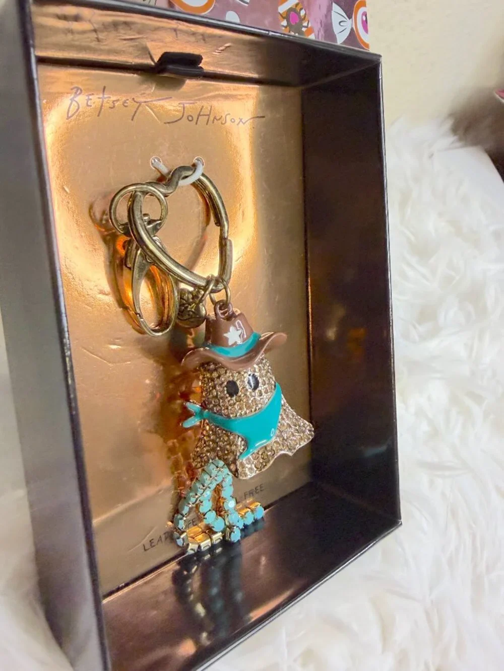 Betsey Johnson Ghost Cowboy Keychain Rhinestone Western Halloween Charm NWT